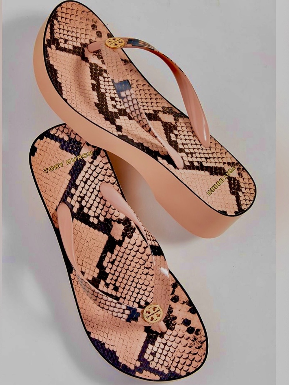 EUC Tory Burch Platform Cutout Wedge Peach Pink/Black Snake Print Flip Flop 9 M